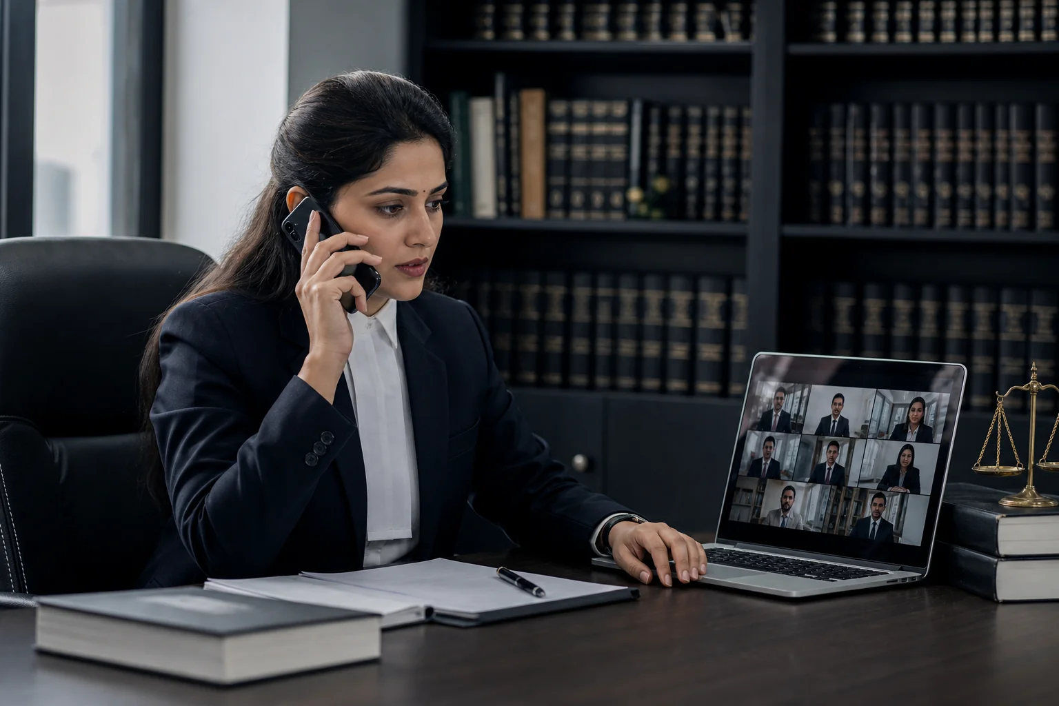 A single lead advocate on a video call or phone coordinating with multiple regional counsel, symbolizing the single point of contact model. photorealistic photograph of a focused Indian woman advocate in formal business attire sitting at a