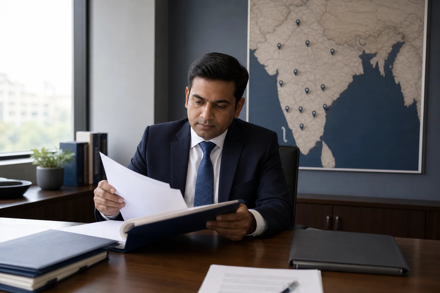 photorealistic photograph of a professional Indian businessperson in a modern office, seated at a wooden desk reviewing legal documents and folders, with a large physical map of India pinned with location markers visible on the wall behind