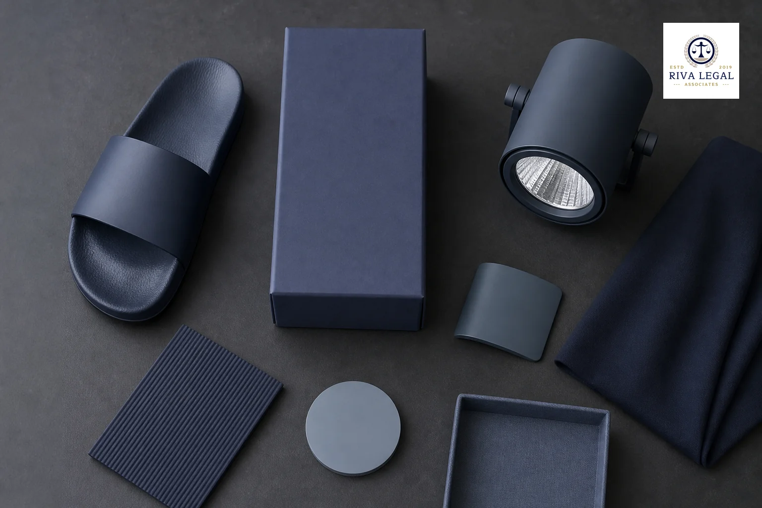 Flat lay of varied manufactured products such as footwear, packaging and a lighting fixture representing categories eligible for design registration. photorealistic flat-lay photo of a curated arrangement of manufactured product shapes, a