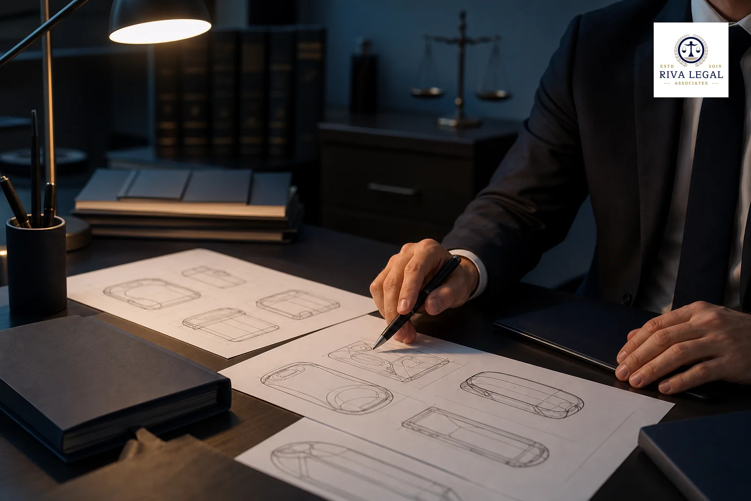 Advocate reviewing formal design application drawings and representation sheets in a law office setting. photorealistic photo of a law office desk with technical line-drawing style representation sheets of a product shape laid out for