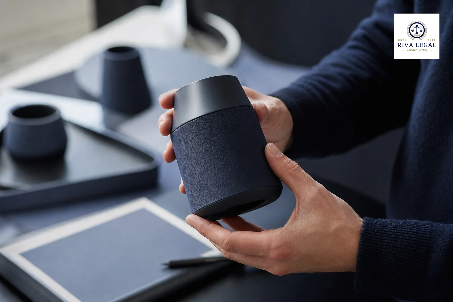Product designer examining a manufactured object's shape and finish in a studio setting, evoking industrial design protection. photorealistic photo of a product designer's hands carefully examining the curved shape and surface finish of a
