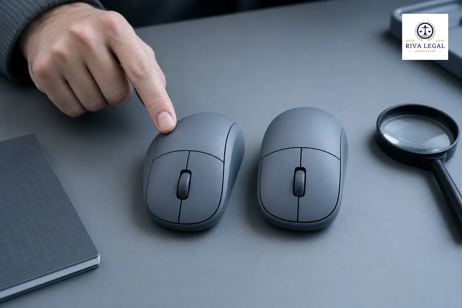 photorealistic photo of two similar shaped consumer products placed side by side on a muted grey desk, a person's hand pointing to a subtle difference in contour, cool blue-grey colour grading (#8494a6, #81879d), soft office lighting