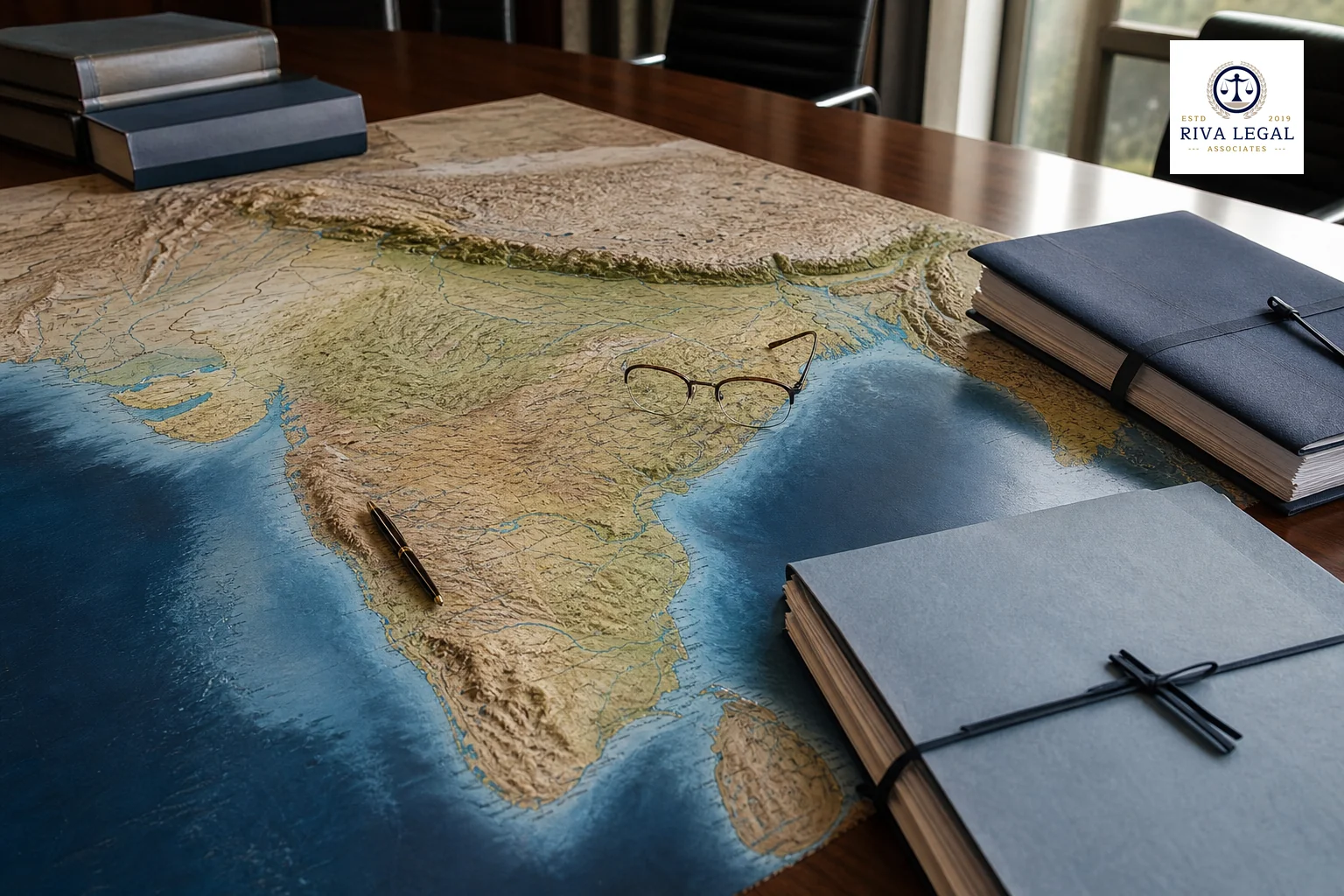A map of India with legal documents suggesting coordination across regions. photorealistic photo of a large physical map of India laid on a wooden conference table, with legal folders, a fountain pen and a pair of glasses placed at