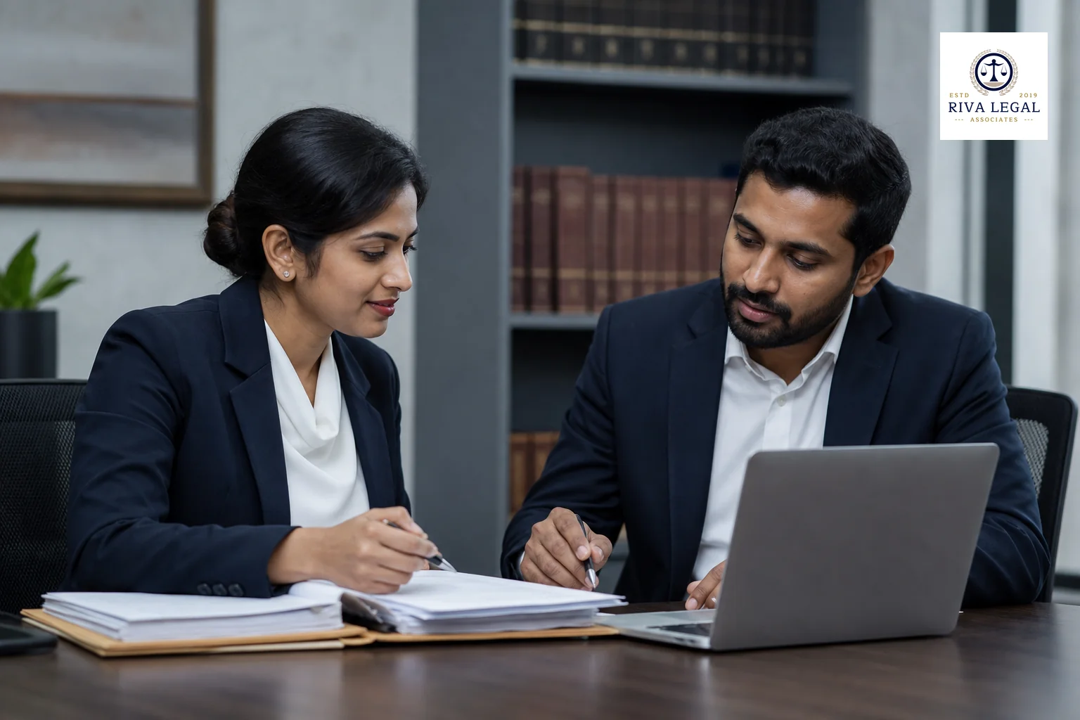 Two advocates reviewing case files together representing coordinated counsel. photorealistic photo of two Indian legal professionals, a woman and a man in formal business attire, seated across a conference table reviewing case files and a