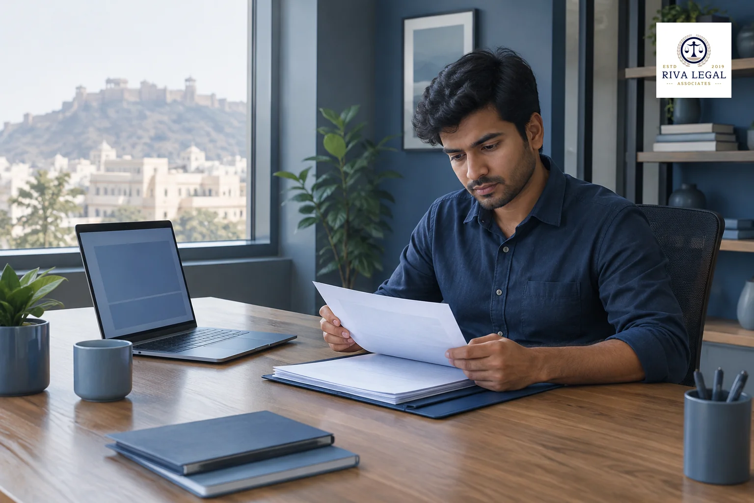 Founder reviewing incorporation papers and a brand name draft at a desk in a Jaipur office