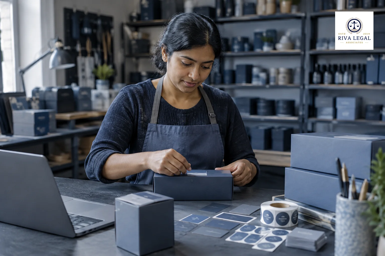 Product packaging with a brand name being prepared for shipment in a small business workshop