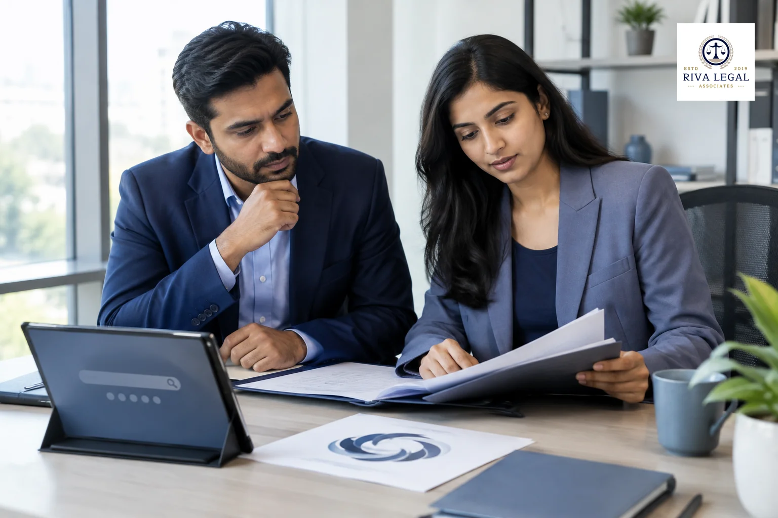 Two founders discussing a brand name and company paperwork across a table in a meeting room