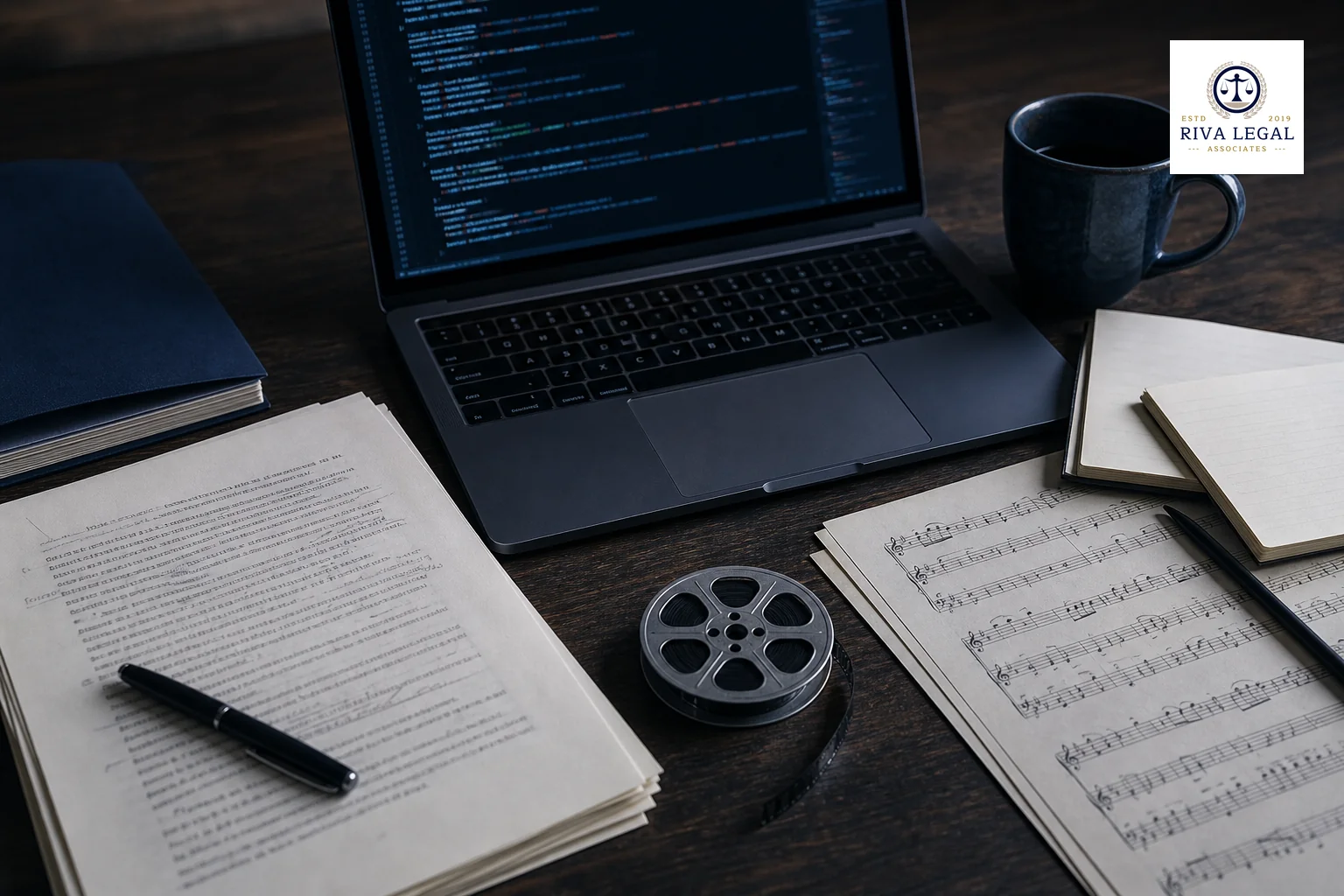 Close-up of varied creative work materials representing different copyright categories: manuscript, film reel, sheet music, software code on screen. photorealistic photo of a flat lay arrangement showing a printed manuscript, a laptop