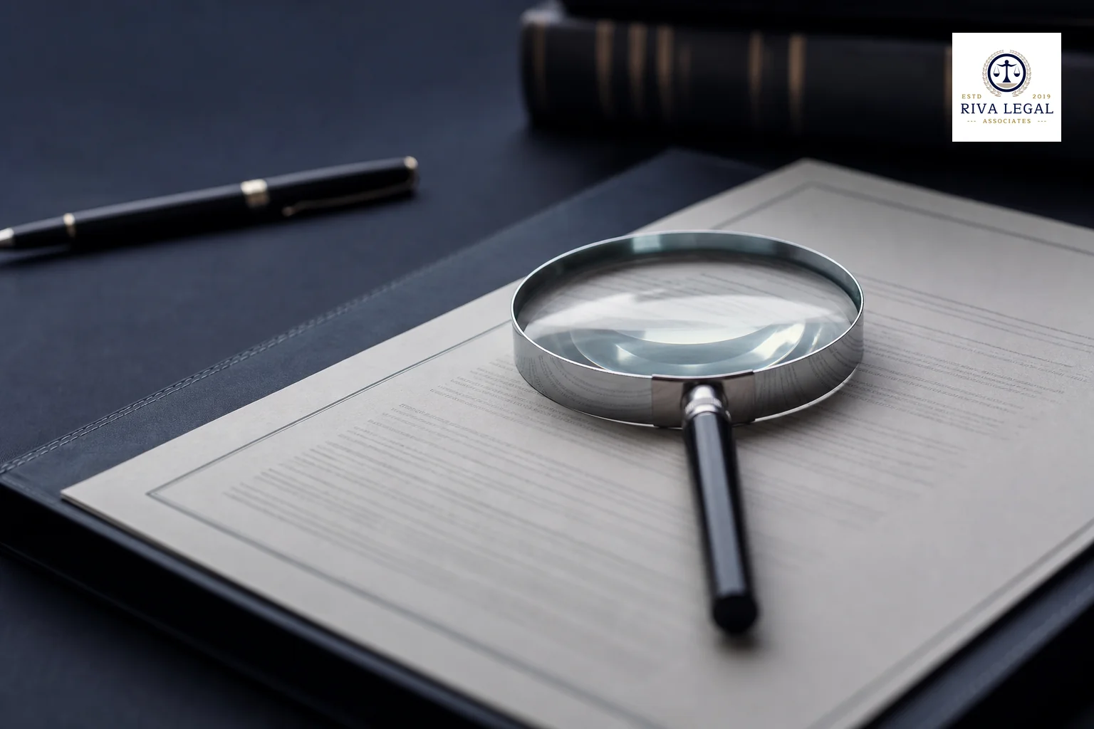 photorealistic photo of a magnifying glass resting on a formal legal document on a dark desk, dim moody lighting in navy and slate tones (#131e34, #48516d, #8494a6), shallow depth of field, serious and analytical mood, no visible text