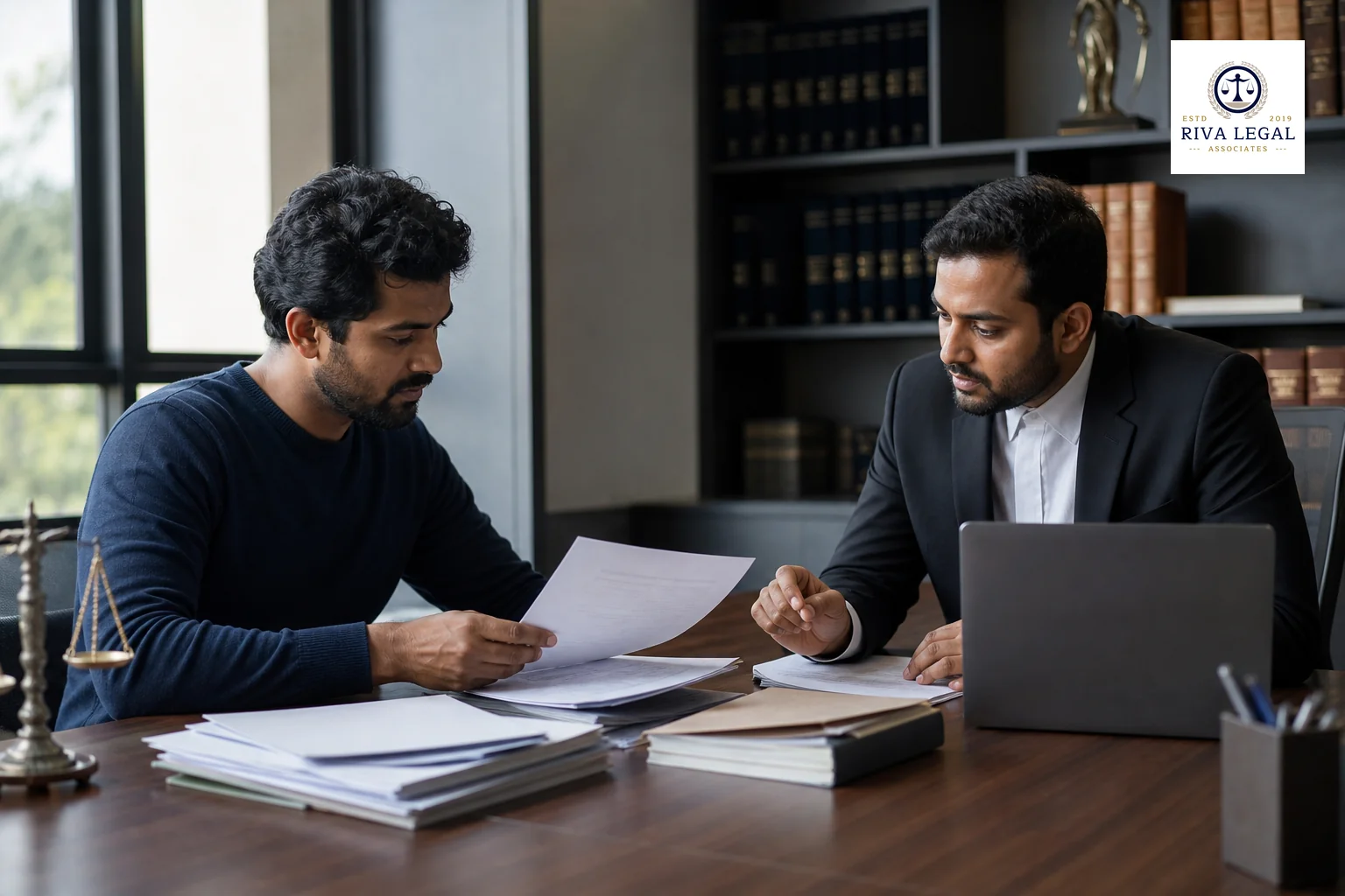 A creative professional reviewing documents with an advocate in a law office setting, conveying careful evaluation of legal counsel. photorealistic photo of a professional consultation setting in an Indian law office, a creative