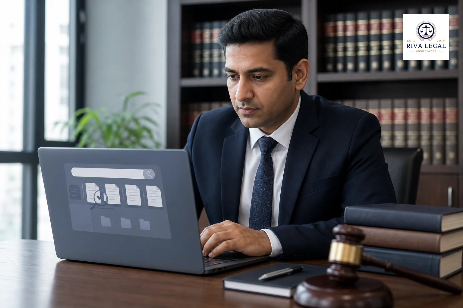 An IP professional conducting a trademark search on a computer in a modern Indian law office. Photorealistic photo of a focused legal professional in business attire sitting at a wooden desk in a modern Indian law office, looking at a