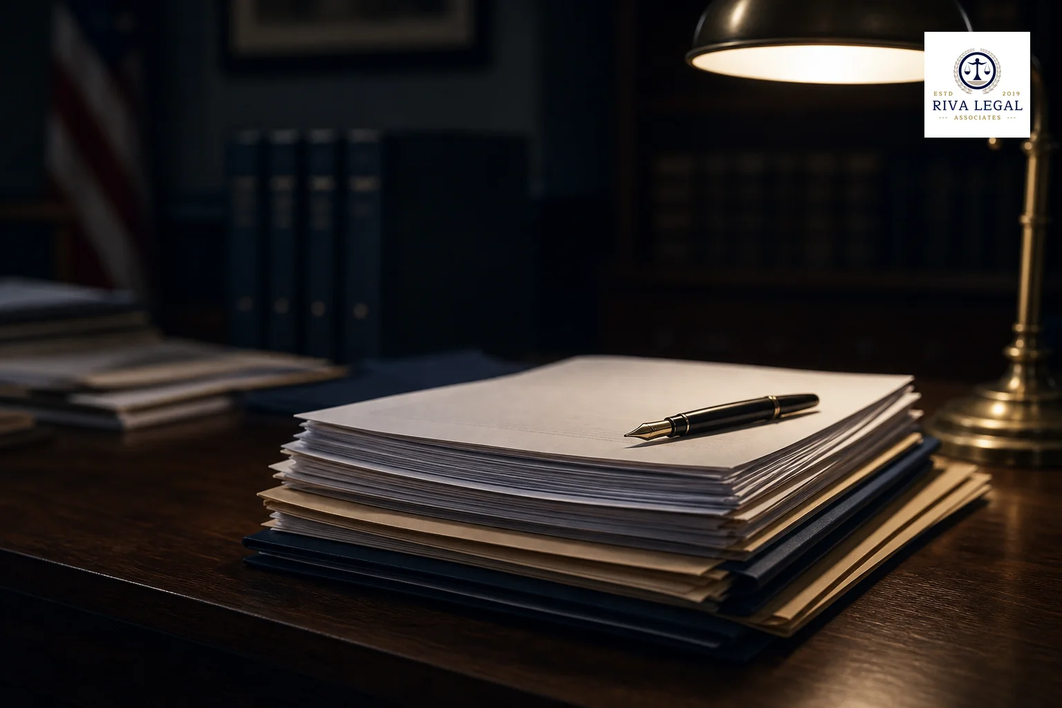 A close-up of official-looking legal documents and a rubber stamp representing government examination and review. Photorealistic photo of a stack of formal legal documents and file folders on a dark wooden desk, a brass desk lamp casting