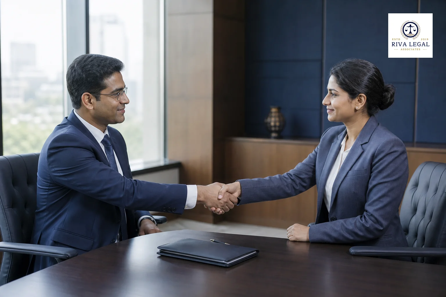 Photorealistic photo of two professionals in business formal attire shaking hands across a conference table in a well-lit Indian law firm meeting room, a closed folder and pen visible on the table, large window with soft daylight, color