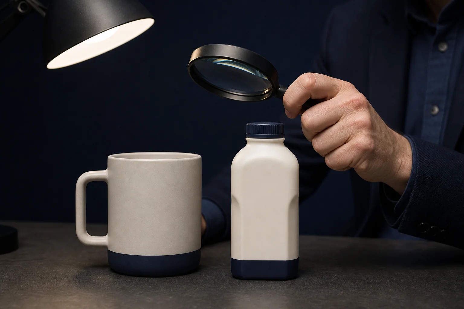 Two similar consumer products side by side being compared under a desk lamp to illustrate design comparison for enforcement. photorealistic close-up photo of two similar-looking consumer product prototypes, one ceramic mug and one plastic