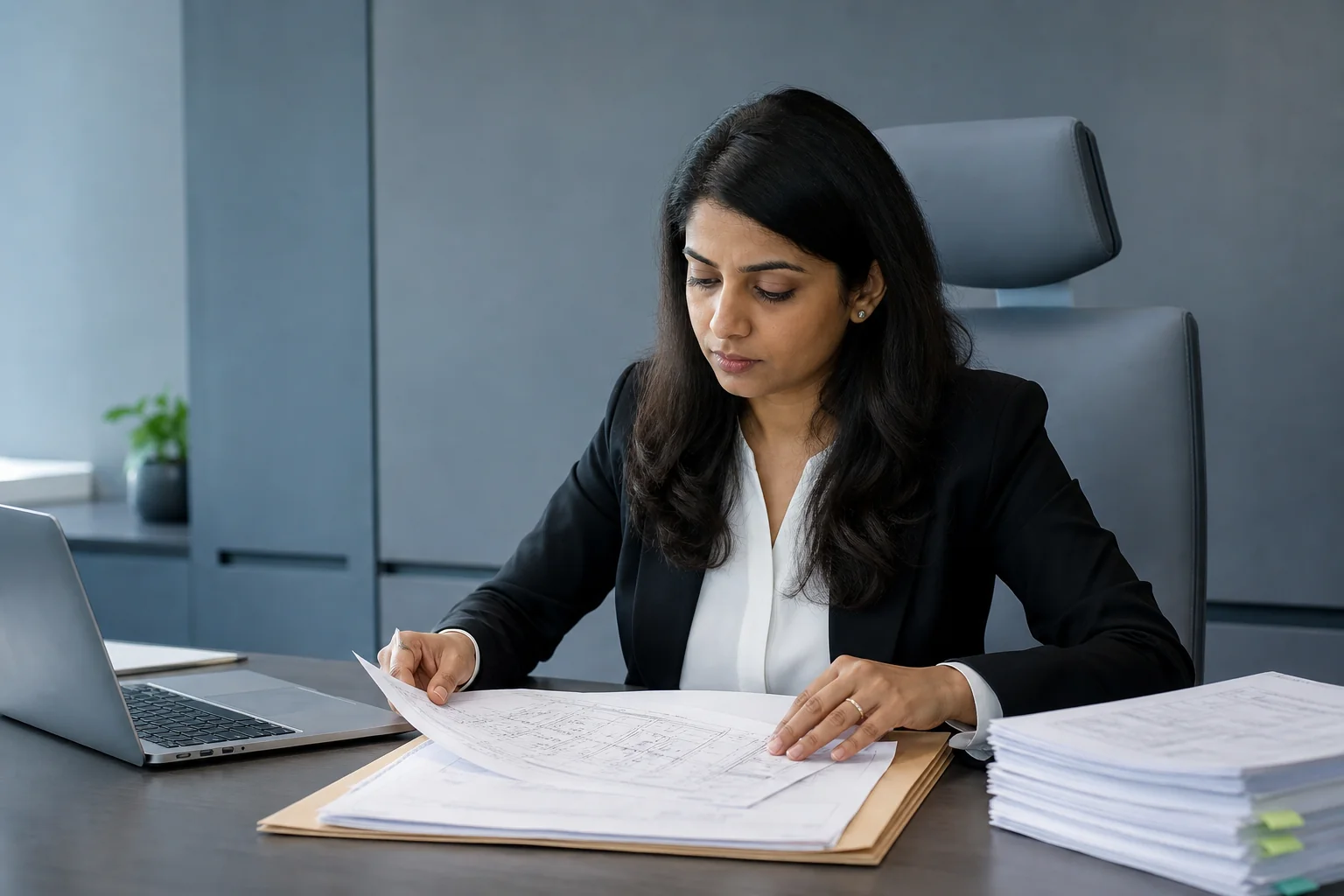 A legal professional preparing and organizing design application paperwork with technical drawings. photorealistic photo of a focused Indian legal professional in business attire organizing printed technical drawing sheets and a manila file