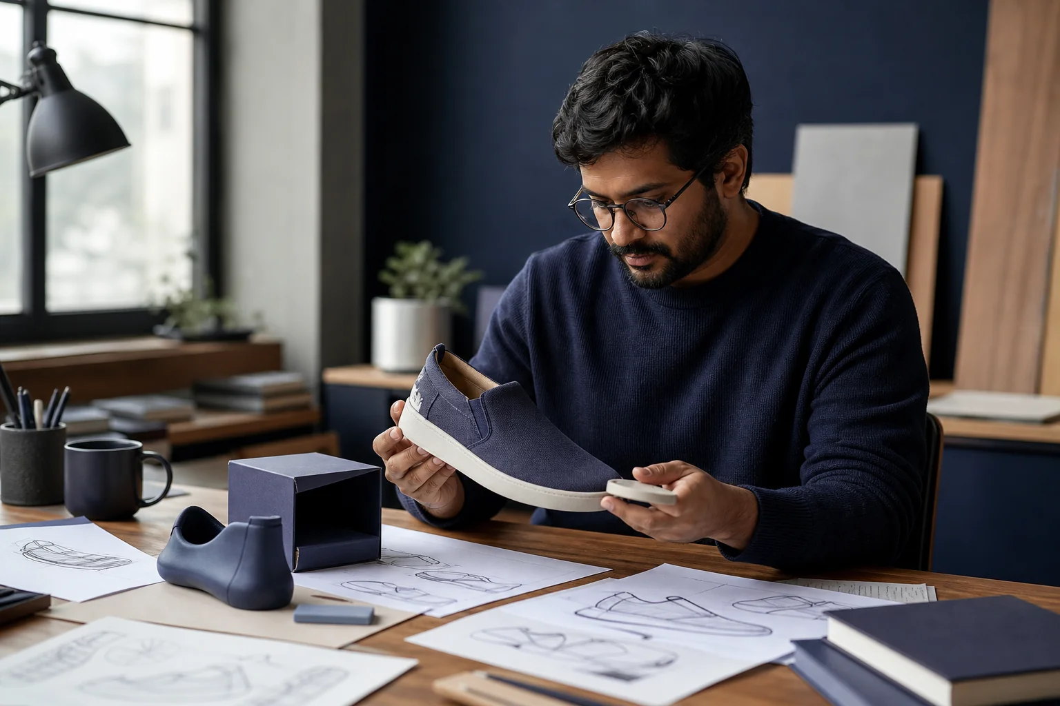 A designer sketching and reviewing product silhouettes such as footwear and packaging on a studio table. photorealistic photo of an Indian product designer at a wooden studio desk reviewing sketches and physical prototypes of a shoe and a