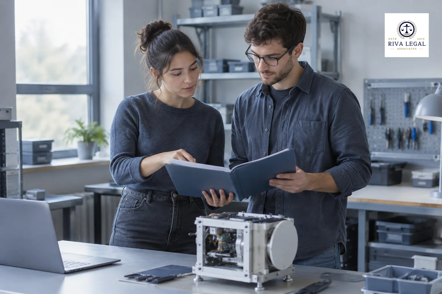 Laboratory researcher and engineer reviewing prototype and documents together in a Jaipur workspace