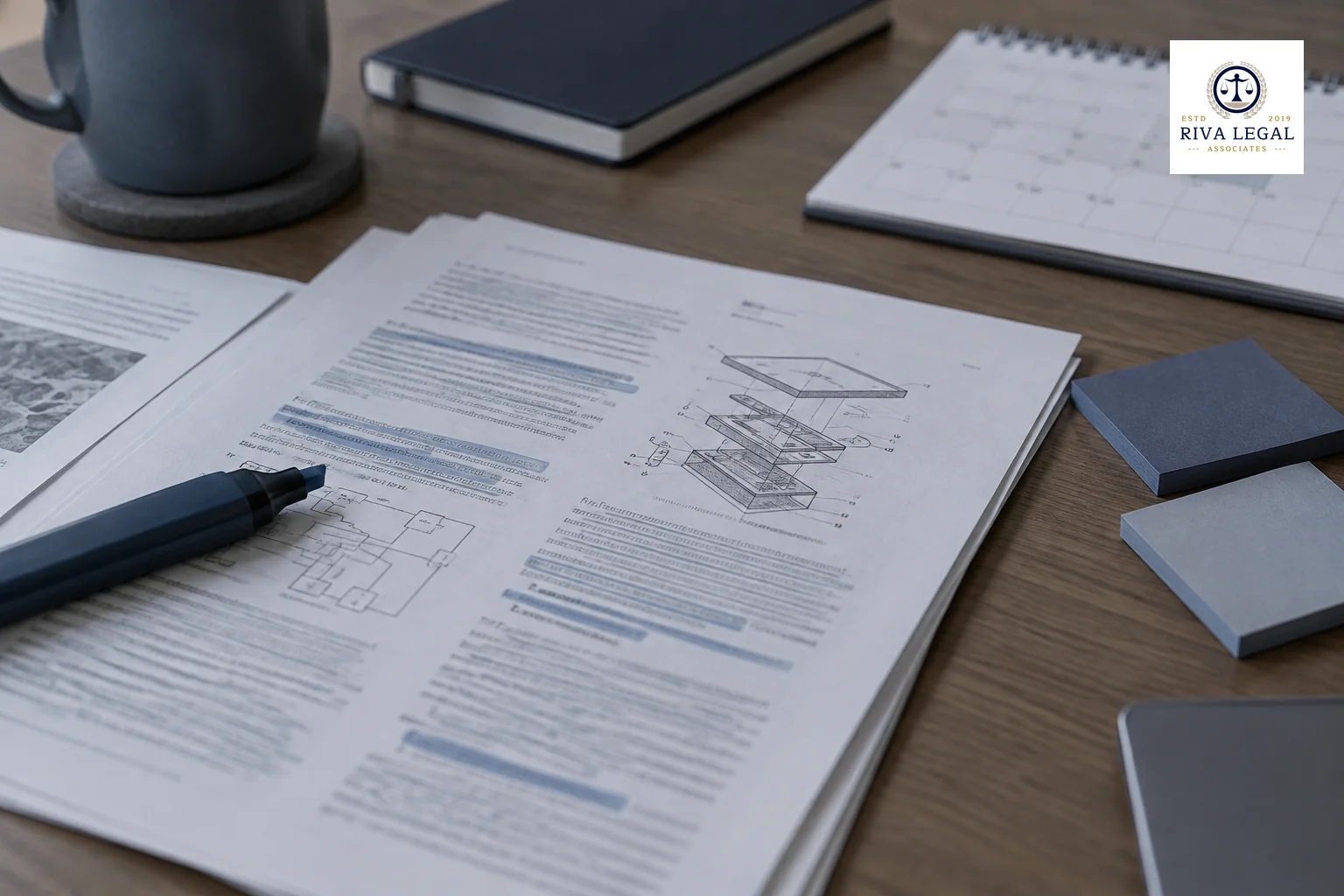 Printed patent specification pages with a highlighter and timeline notes arranged on a desk