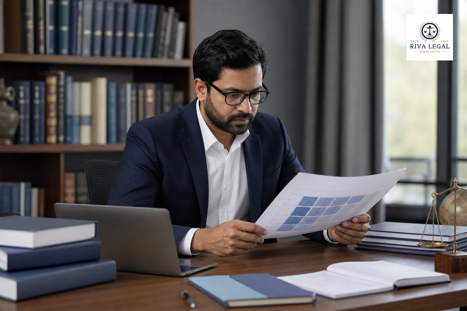 A professional working at a desk reviewing a classification chart or legal document related to trademark filing, conveying methodical legal review. Photorealistic photo of a focused Indian legal professional at a wooden desk in a law
