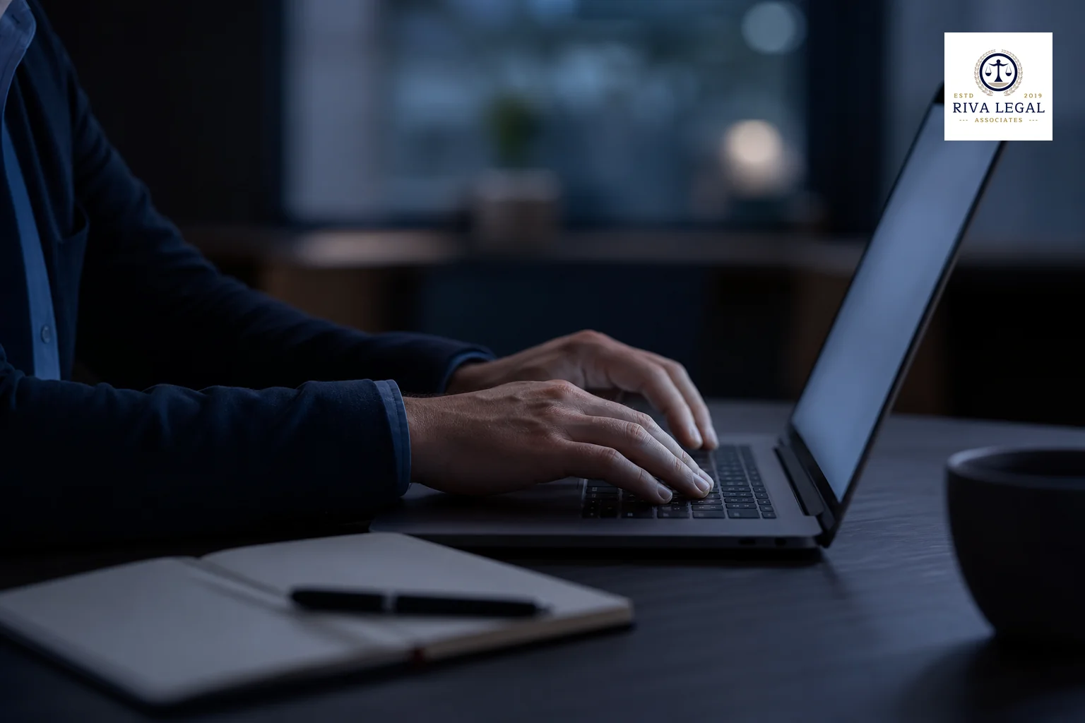 Photorealistic photo of a professional's hands typing on a laptop keyboard in an office setting, screen glow softly lighting the hands, desk has a notebook and pen nearby, color grading toward deep navy blue #131e34 and slate grey #48516d