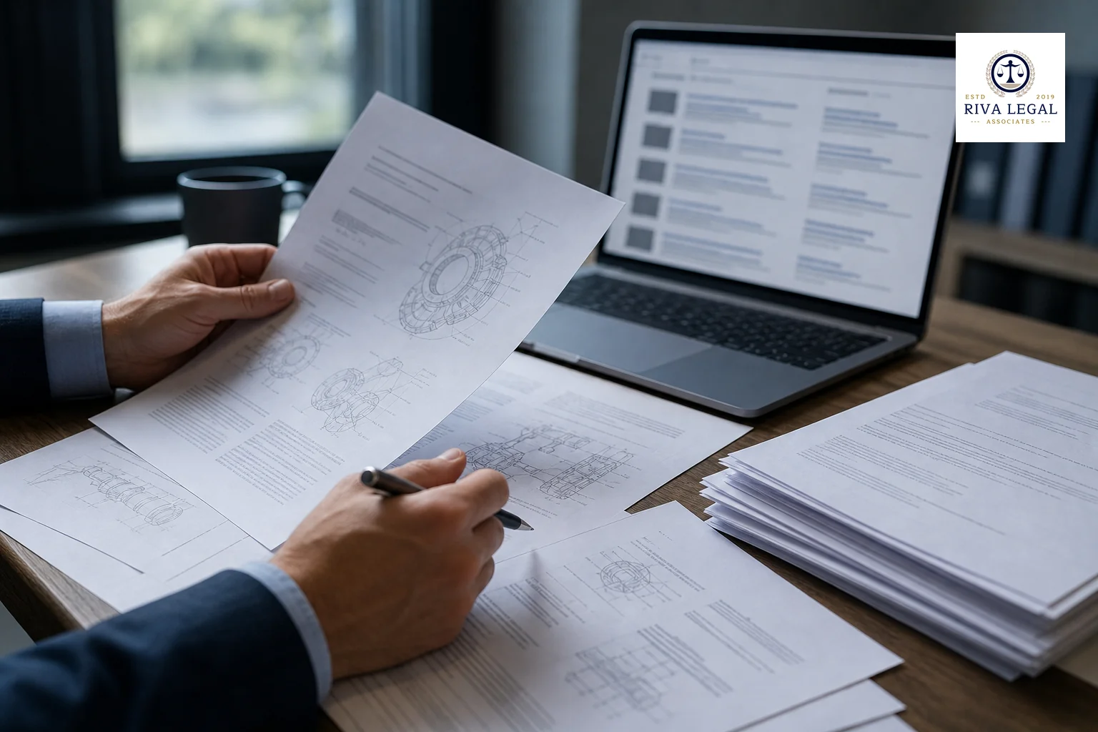 A patent professional reviewing technical documents and database search results before filing, in a calm office setting. Photorealistic close-up photograph of a professional's hands reviewing printed technical diagrams and patent documents