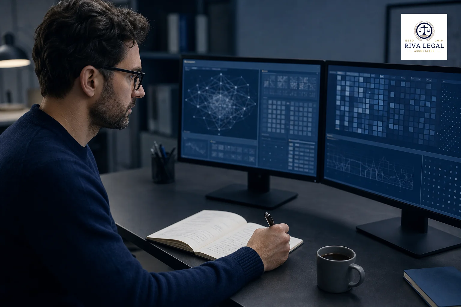 Photorealistic photograph of a focused researcher at a desk with two computer monitors displaying abstract technical diagrams and grid-like data layouts (no readable text), a notebook with handwritten notes and a pen beside a cup of tea