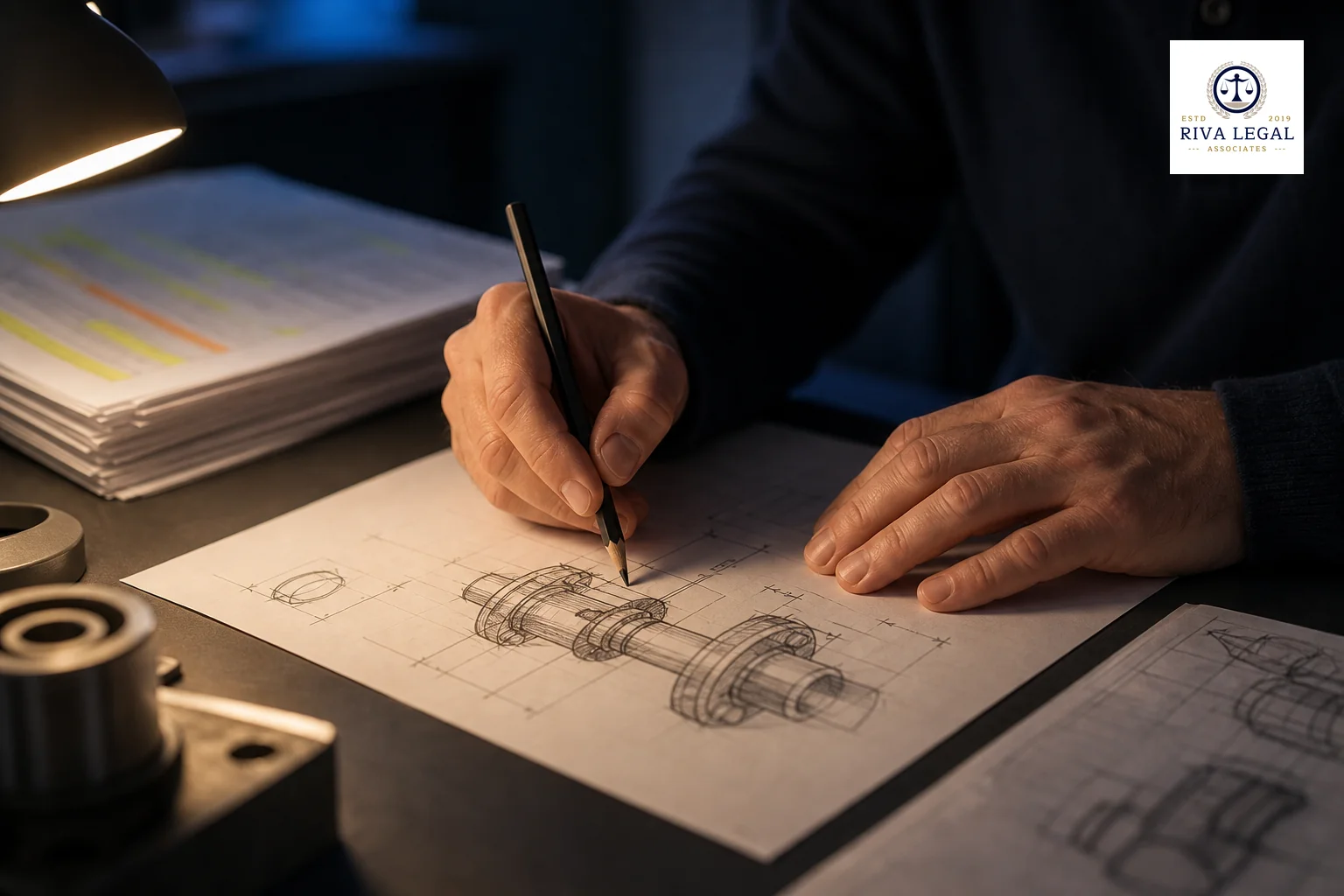 Photorealistic photograph of an engineer's or inventor's hands sketching a mechanical component diagram on paper with a pencil, a stack of printed draft claim pages nearby with visible highlighting marks but no legible text in focus, warm