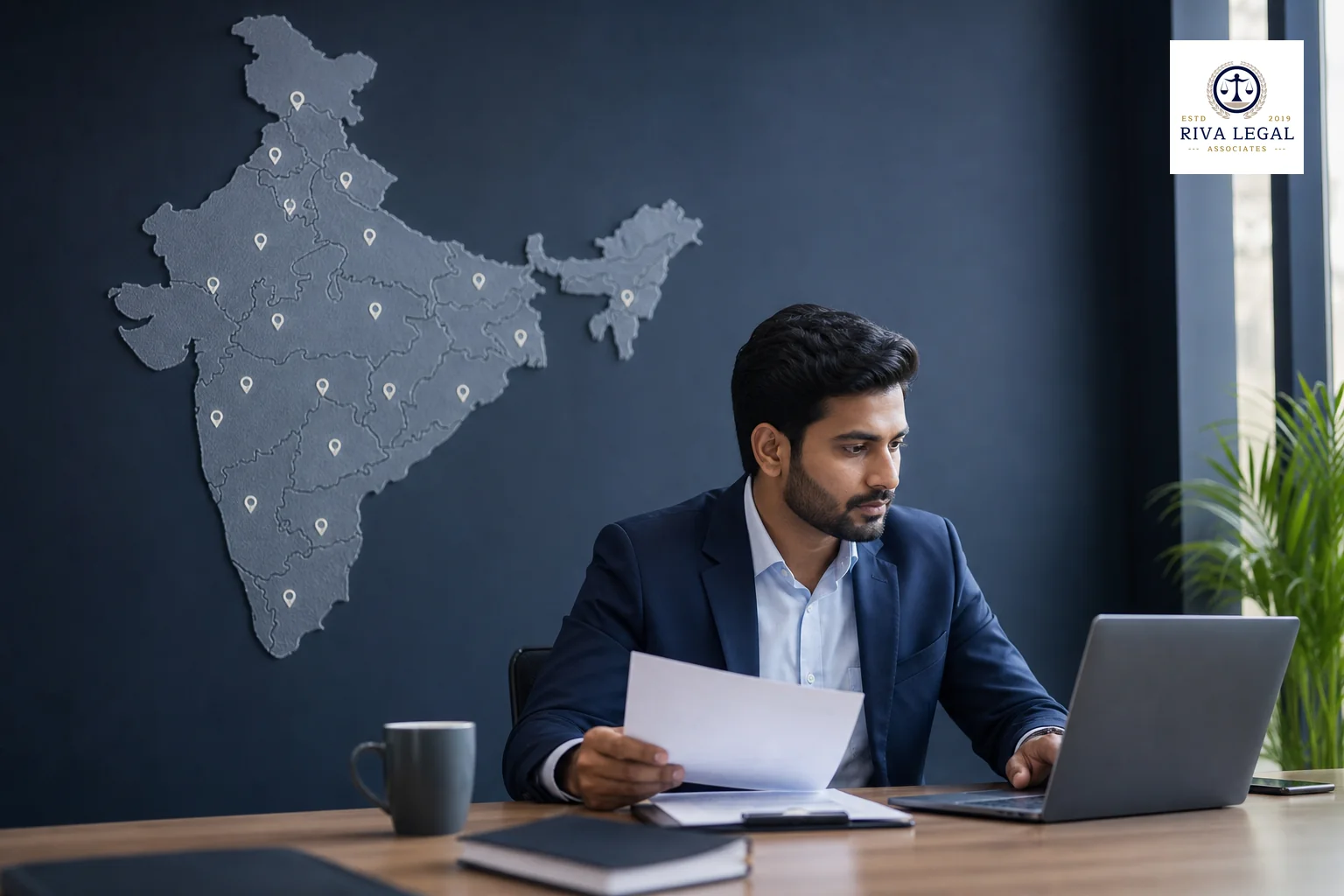 Photorealistic photograph of a large outline map of India rendered as a subtle textured backdrop on an office wall behind a professional consulting with a laptop and documents at a meeting table, small location pin markers suggesting