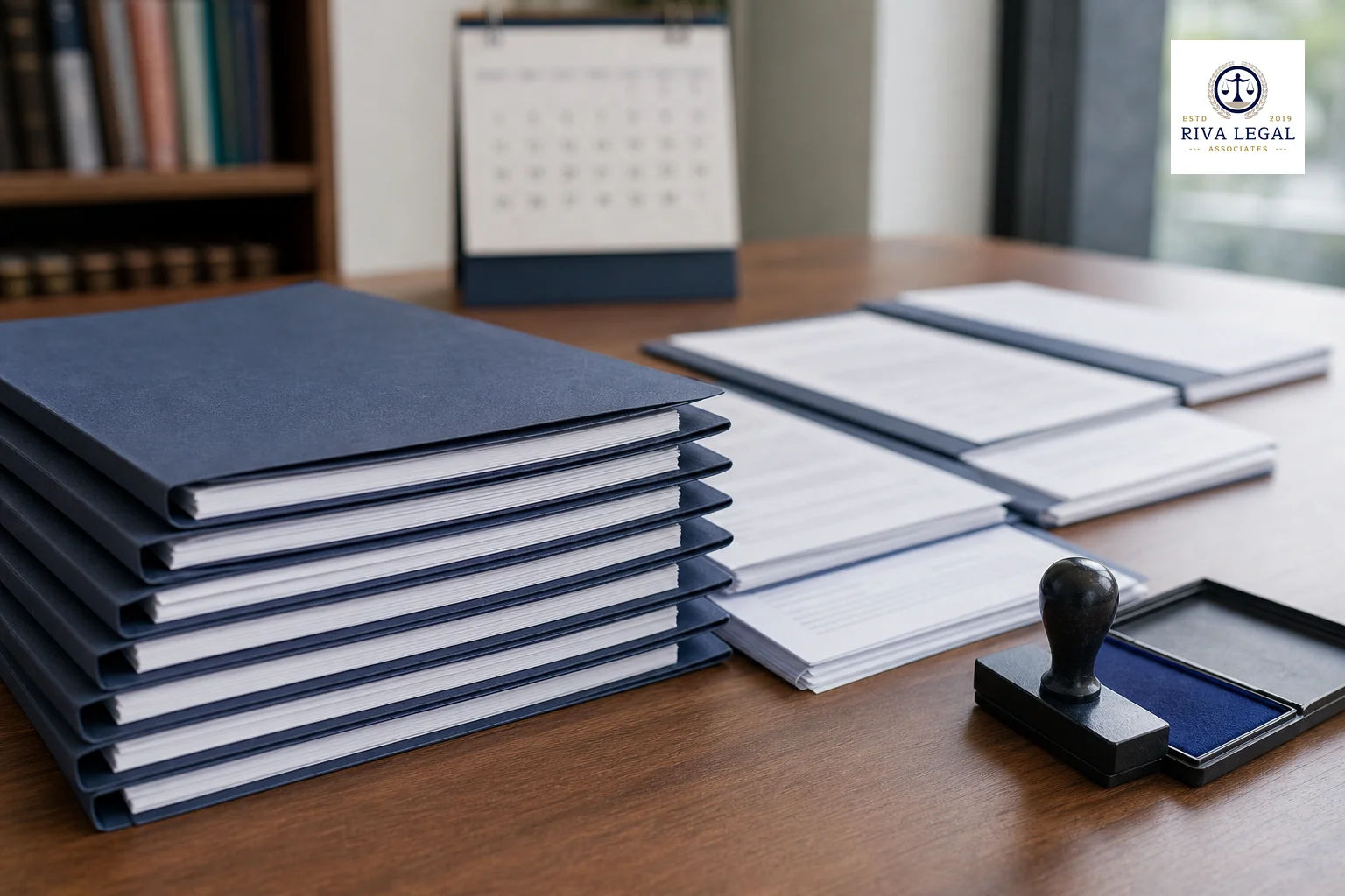 Photorealistic photograph of a neat stack of legal folders and printed application forms arranged in a sequence on a wooden office table, a stamp and ink pad nearby, a calendar visible in soft focus in the background suggesting a