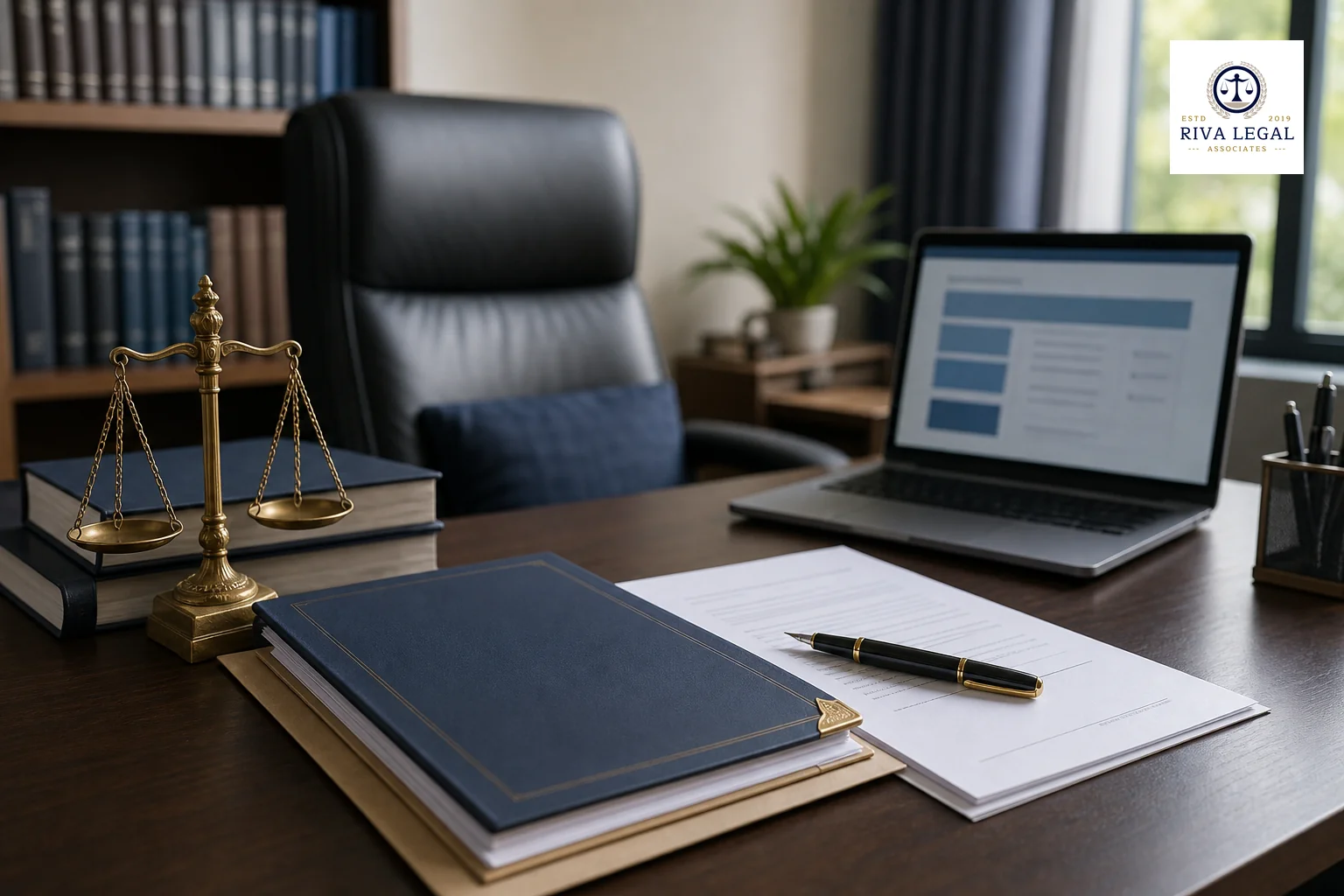 Photorealistic photograph of a organized law office desk in India, showing a fountain pen resting on official-looking legal documents and a folder labeled with a generic trademark certificate outline, a small brass Ashoka-style scale of