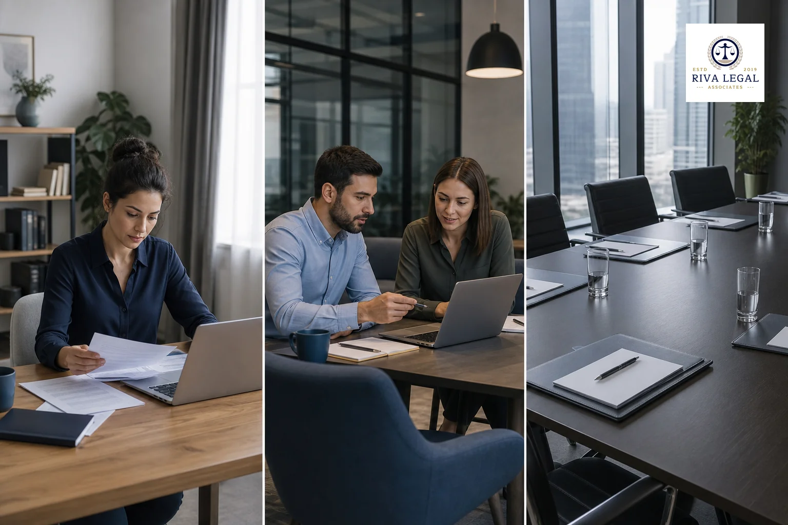 Photorealistic photograph of three subtly distinct professional settings side-by-side in one wide shot: a solo entrepreneur reviewing paperwork at a small desk, a small startup team of two people collaborating around a laptop, and a formal