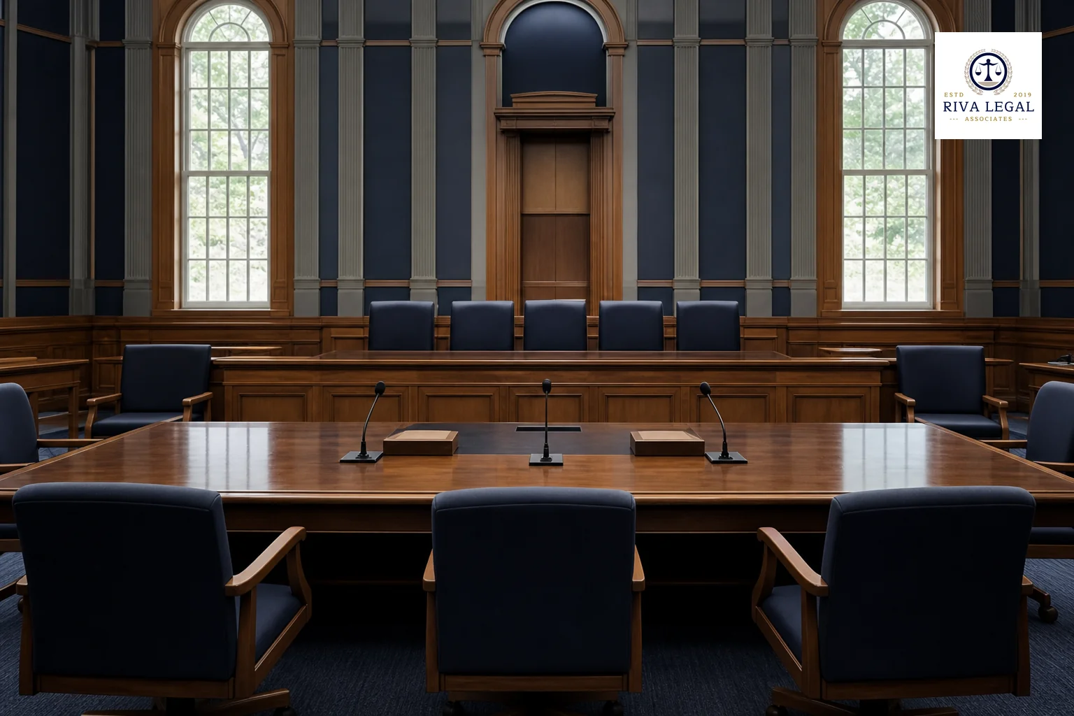 An empty formal hearing room or tribunal-style room suggesting a quasi-judicial hearing before the Registrar of Trade Marks. photorealistic photograph of a formal Indian government hearing room with a wooden table, empty chairs arranged for