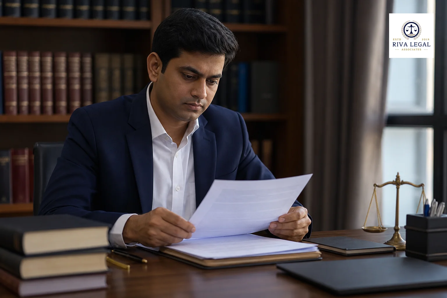 A law firm associate reviewing an official trademark opposition notice document at a desk in an Indian office setting. photorealistic photograph of an Indian legal professional in formal business attire reviewing a printed official
