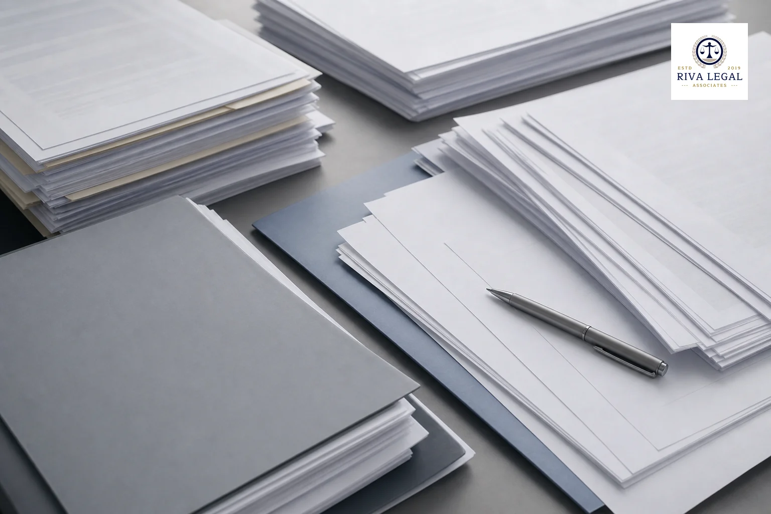 Close-up of organized evidence documents, affidavits, and invoices being compiled for a legal filing. photorealistic photograph of neatly stacked legal documents, affidavits, and business invoices arranged on a desk with a pen and folder