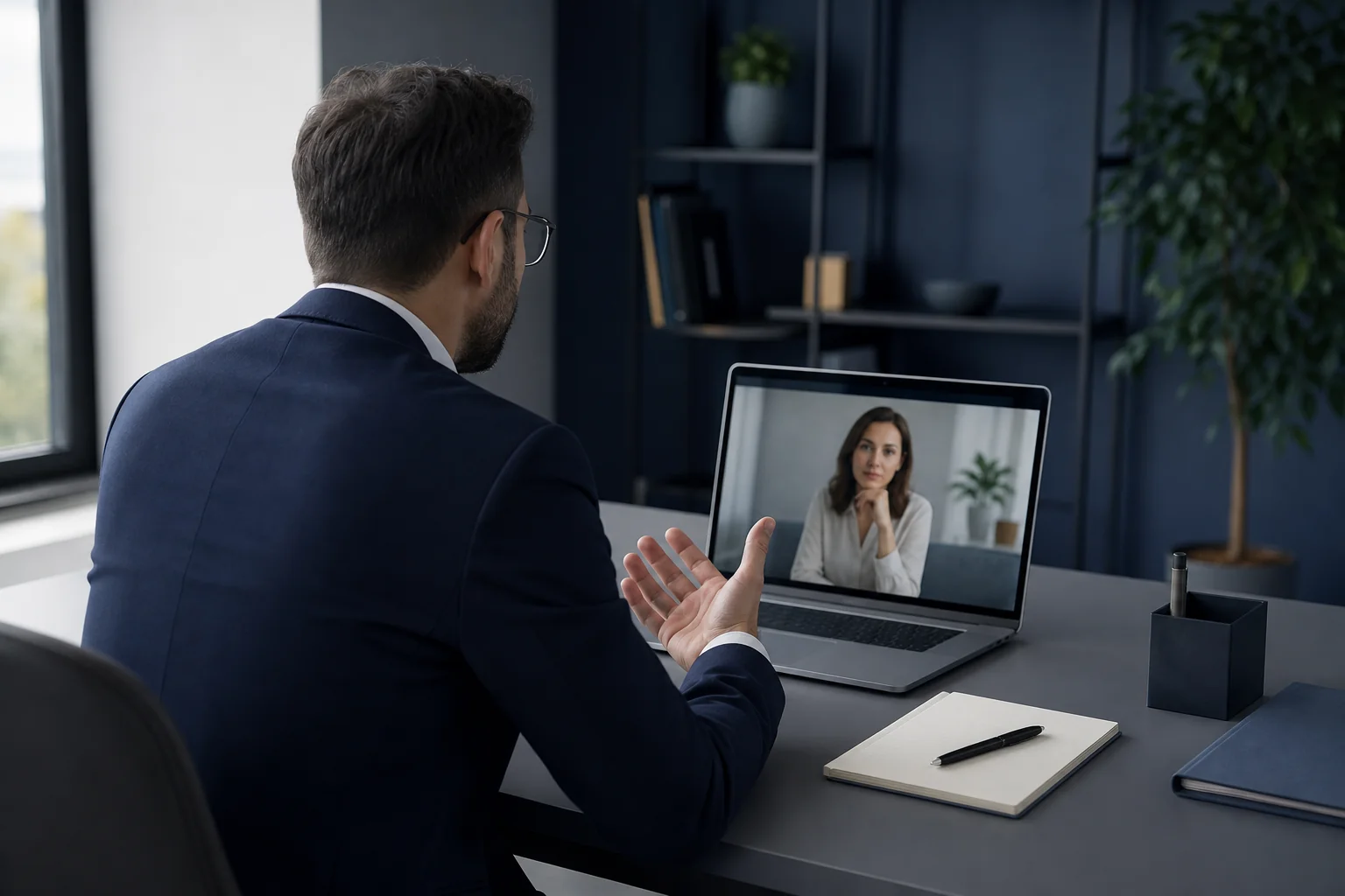 Professional having a virtual consultation on laptop for a remote one-time contract review