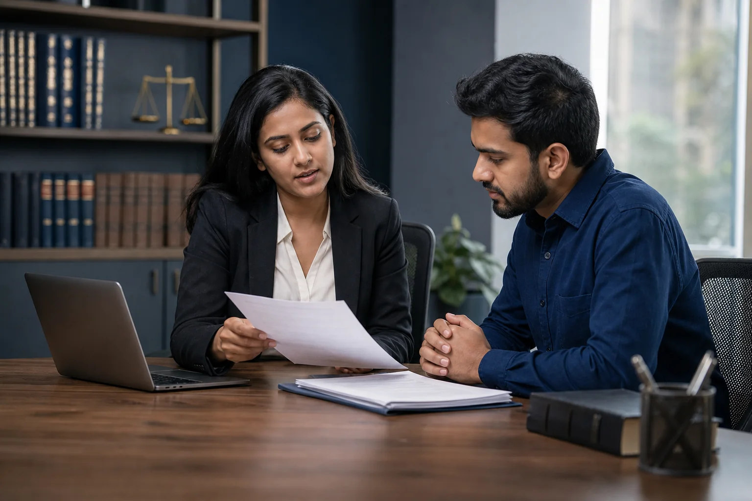 Founder and advocate reviewing a printed contract during a one time contract review meeting in Jaipur
