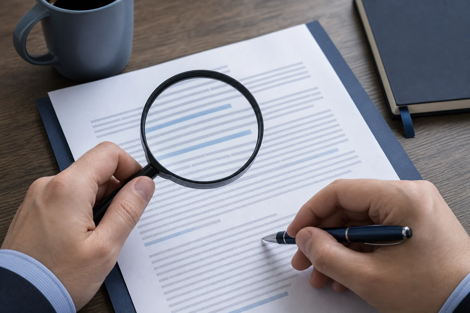 Close-up of hands reviewing contract clauses with a pen and magnifying glass, checking for red flags