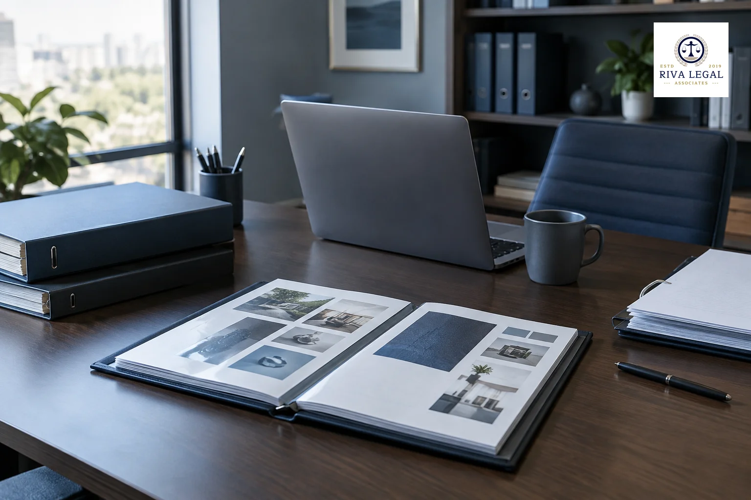 Desk with printed trade mark evidence bundle, folders and laptop for assembling a well known mark application