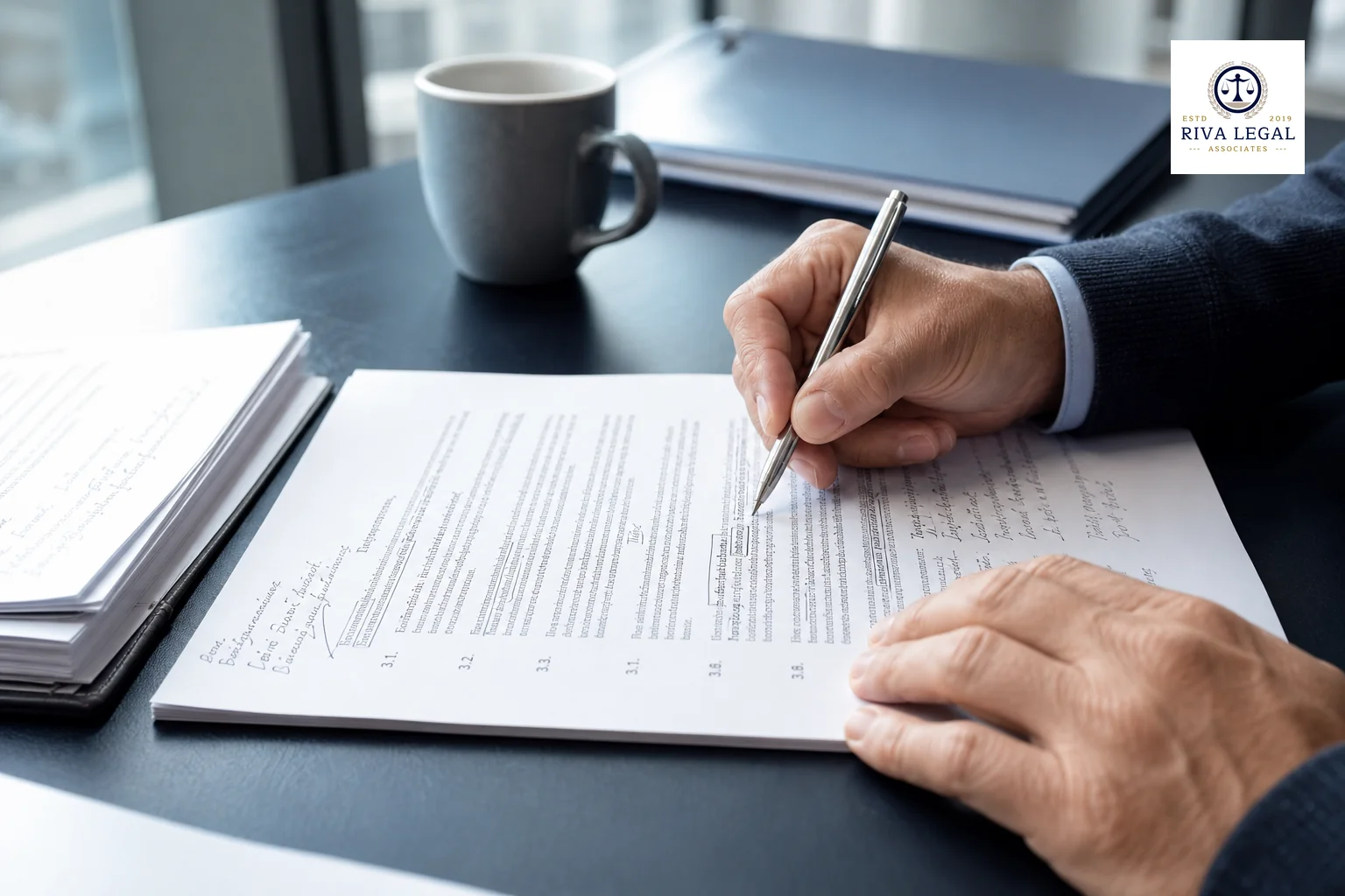 Close-up of hands marking up a contract document with a pen, redline annotations visible. Photorealistic close-up photo of hands holding a pen making handwritten annotations and underlines on a printed legal contract document, papers with