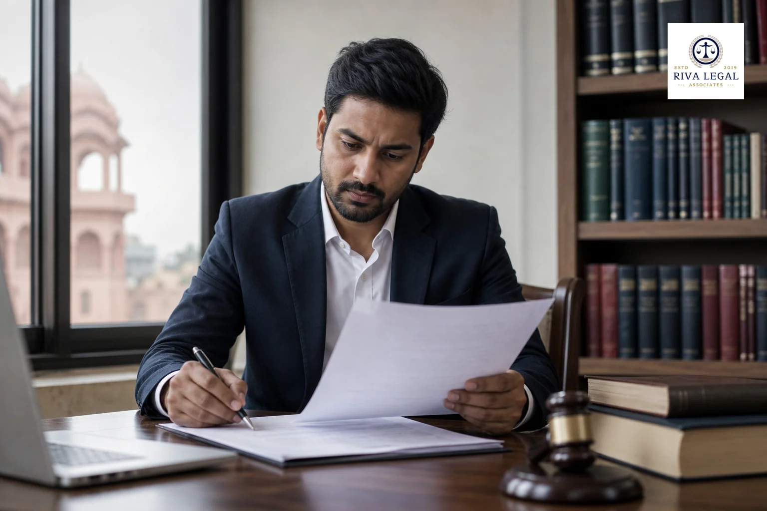 An advocate reviewing a printed commercial contract at a desk in an Indian law office. Photorealistic photo of an Indian legal professional in formal attire reviewing a printed commercial contract at a wooden desk, pen in hand, law books