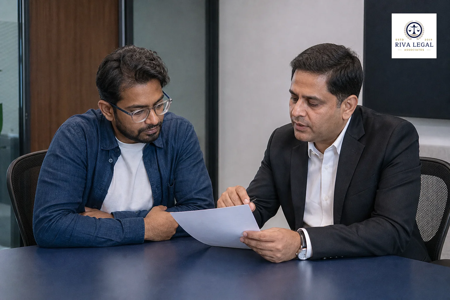 Two professionals in a meeting discussing a document, representing a one-time consultation versus ongoing advisory. Photorealistic photo of two professionals, one a lawyer in formal Indian business attire and one a startup founder in smart
