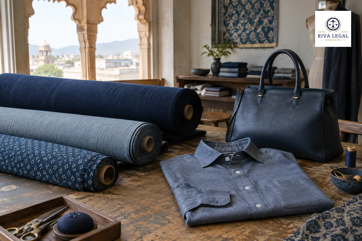 Bolts of fabric beside a leather handbag on a workshop table showing the difference between textile and bag classes
