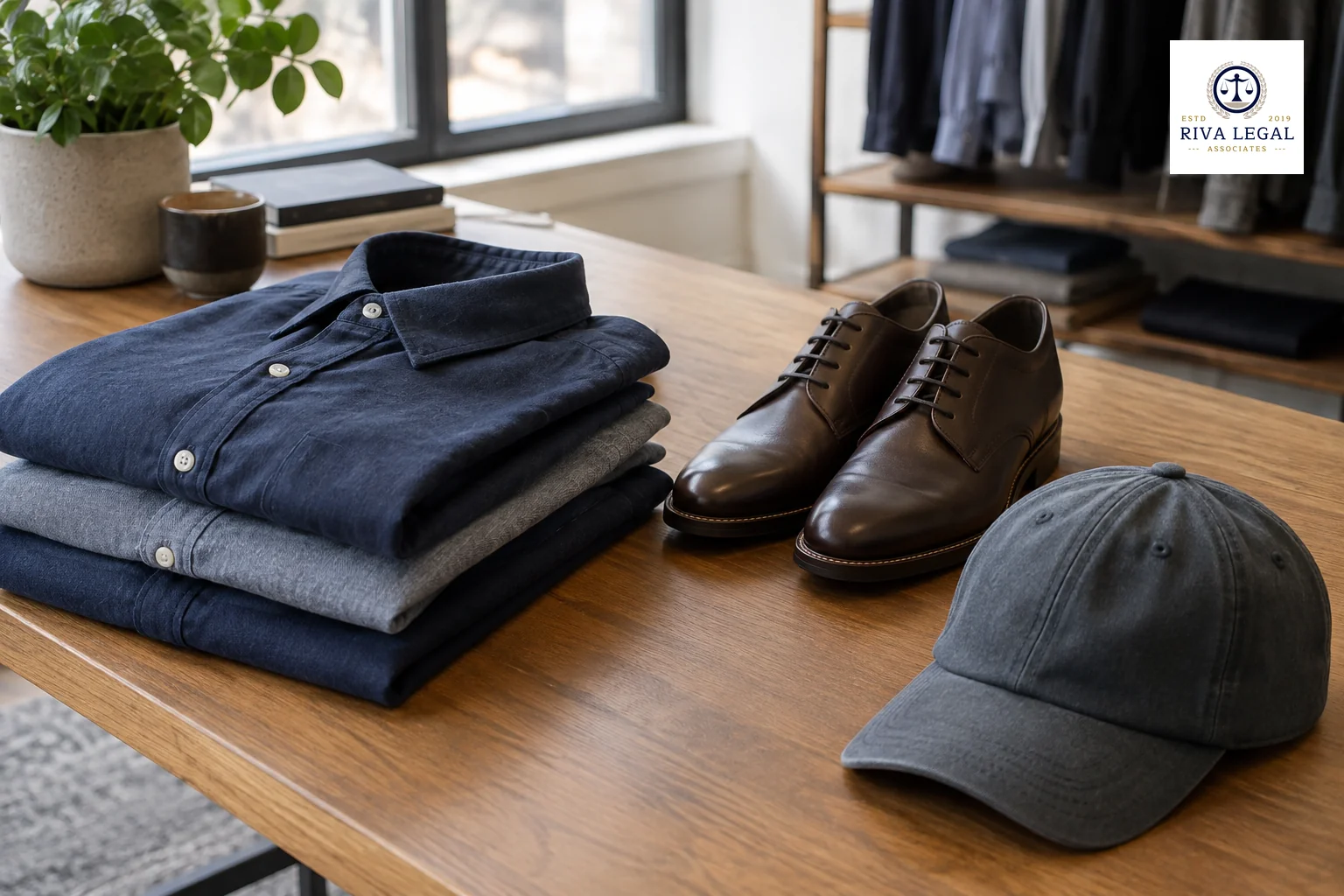 Folded garments, shoes and caps arranged on a clean studio table representing goods covered by class 25