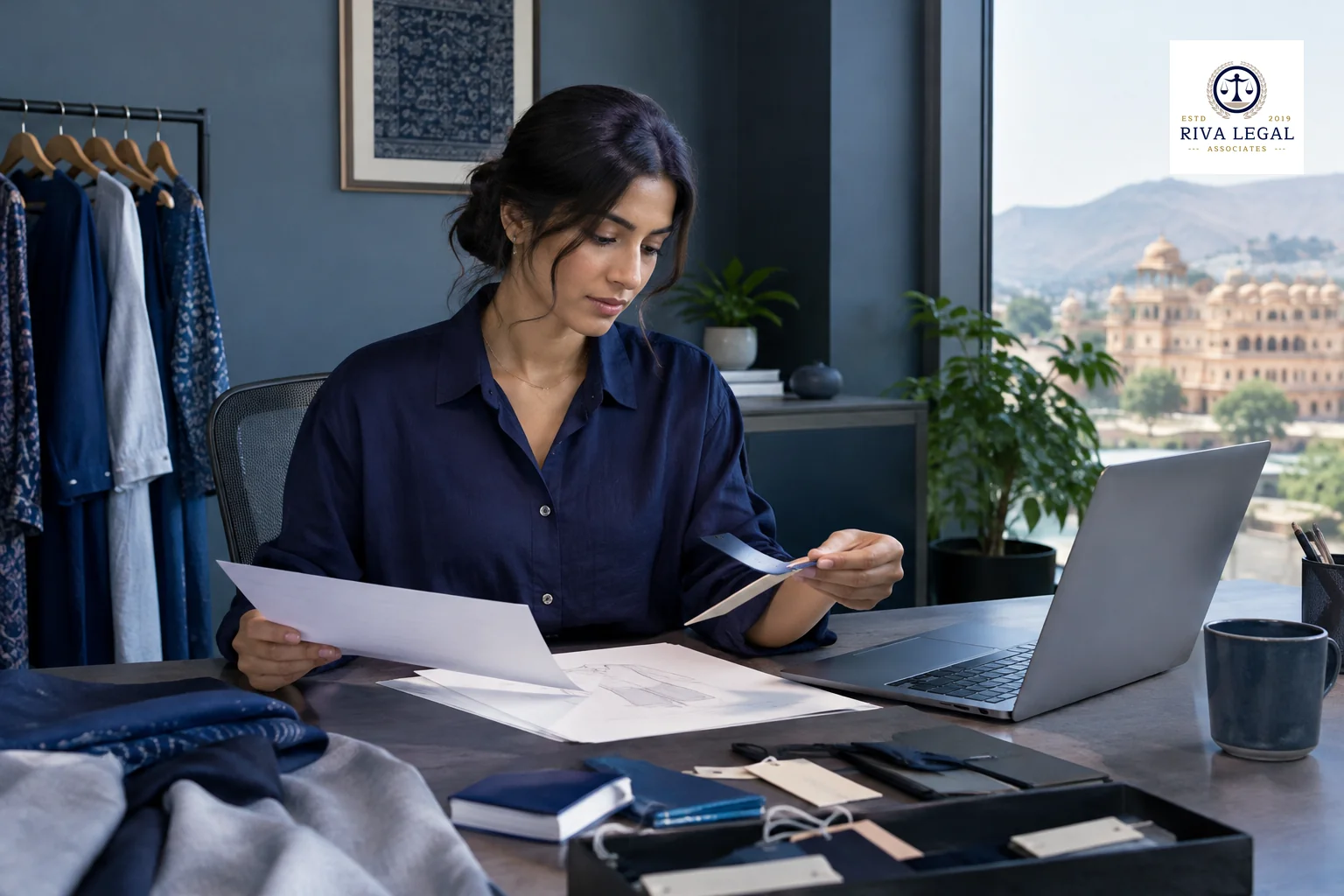 Founder reviewing a printed checklist and garment labels at a desk before preparing a trademark application
