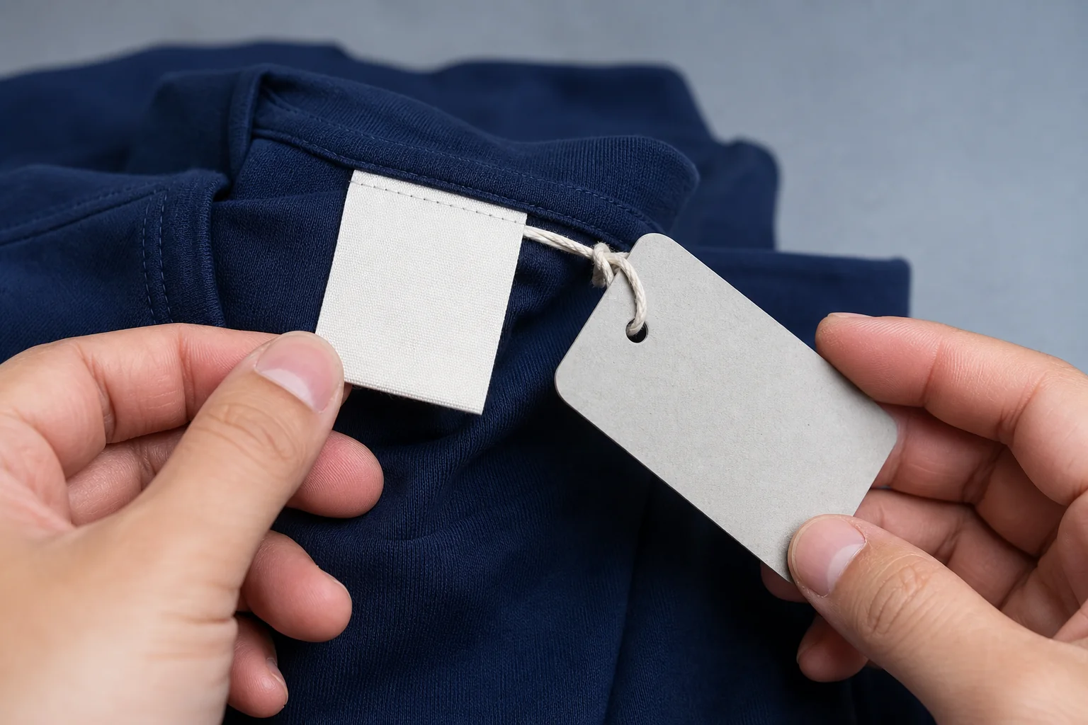 Close-up of a garment label and clothing tag being examined, representing layered protection of brand name, logo and design elements. Photorealistic close-up photograph of hands examining a blank woven clothing label and a hangtag attached