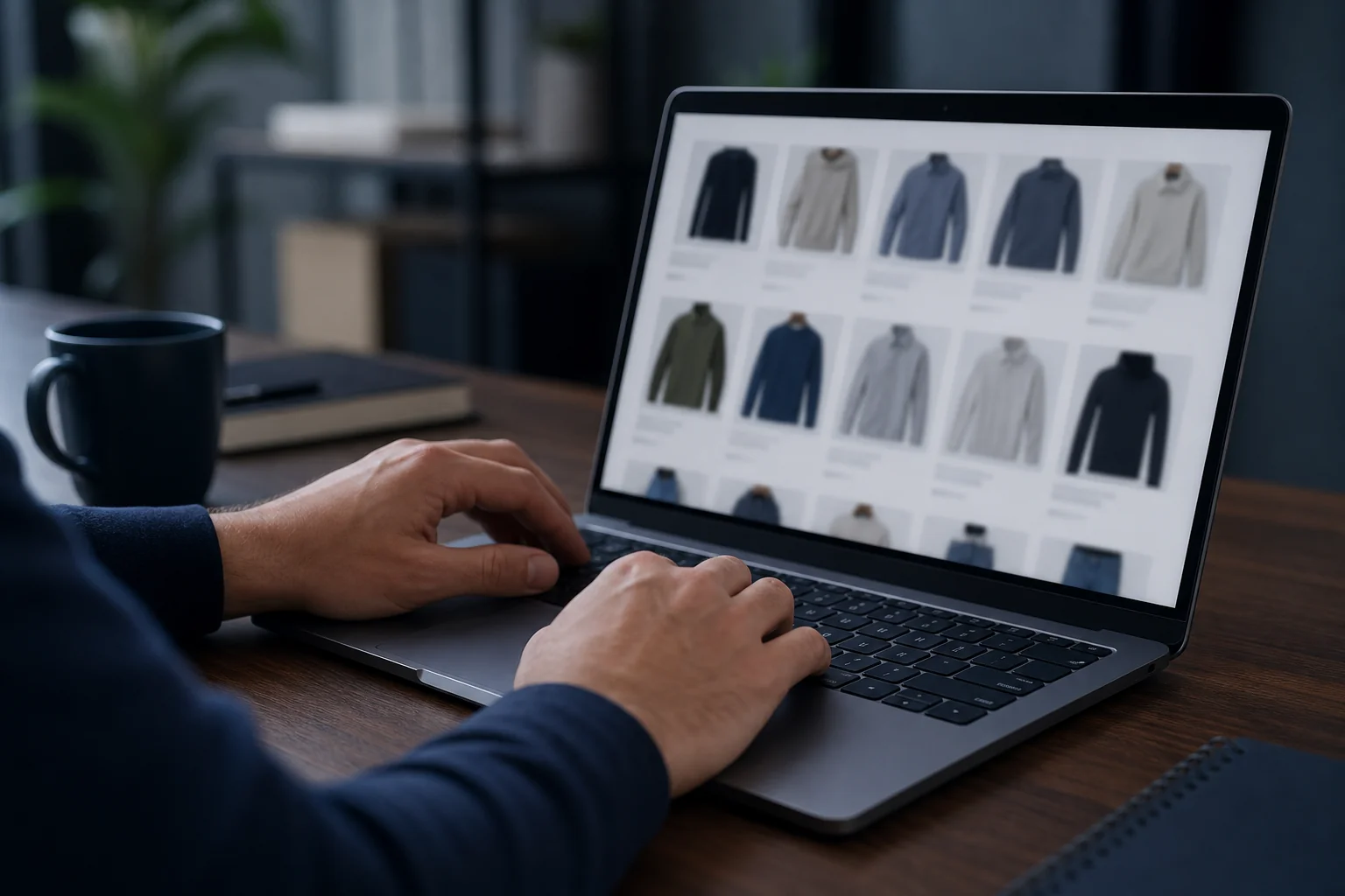 Photorealistic photograph of a person's hands typing on a laptop displaying a blurred generic clothing marketplace grid of apparel thumbnails, seated at a wooden desk in a softly lit office, cool blue-grey color grading matching a navy and