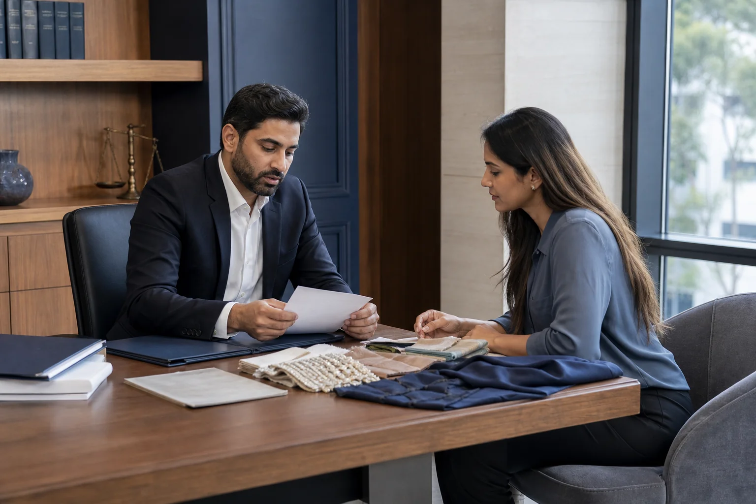 Photorealistic photograph of a professional consultation scene in a modern law office, an advocate and a fashion business founder reviewing documents and fabric samples across a table, warm wood tones balanced with navy blue and slate