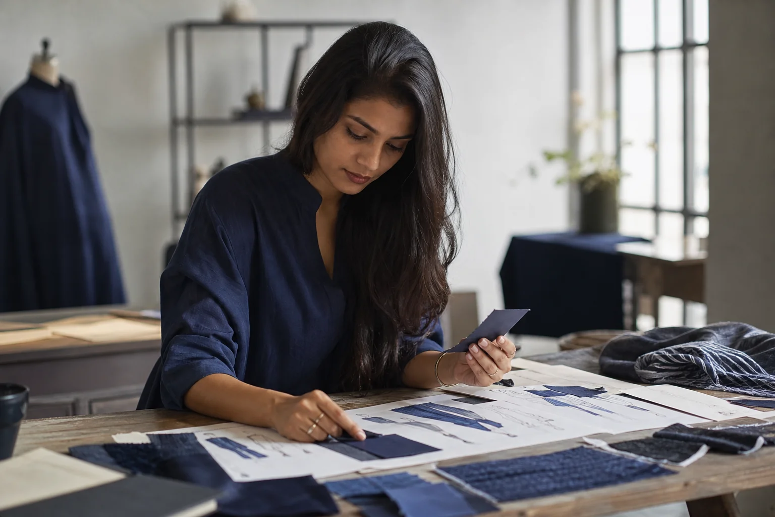 A fashion designer reviewing garment sketches and fabric swatches at a studio desk, conveying the creative-to-commercial risk fashion brands face. Photorealistic photograph of an Indian fashion designer at a studio worktable, reviewing
