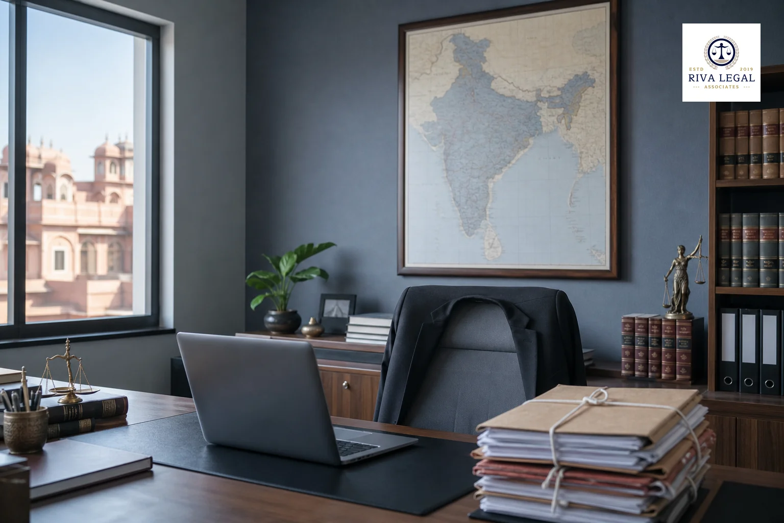 photorealistic photo of a tidy legal office desk in Jaipur with a large map of India visible on the wall in the background, a laptop and stacked case files in the foreground, cool blue-grey palette matching #131e34 and #8494a6, natural
