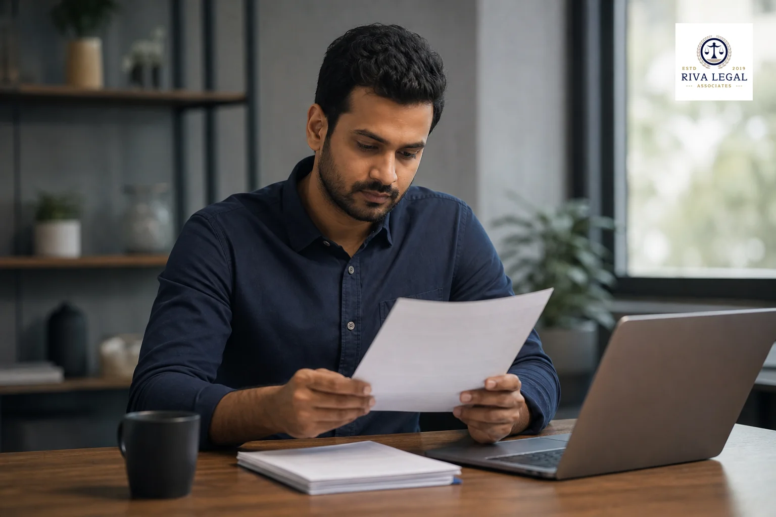 A founder reviewing a legal scope-of-work document at a desk in an Indian startup office. photorealistic photo of an Indian startup founder in business casual attire reviewing a printed legal document at a wooden desk, laptop open beside